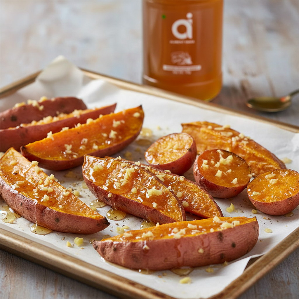 HONEY BAKED SWEET POTATO WITH HERBED CHICKPEA TOPPING