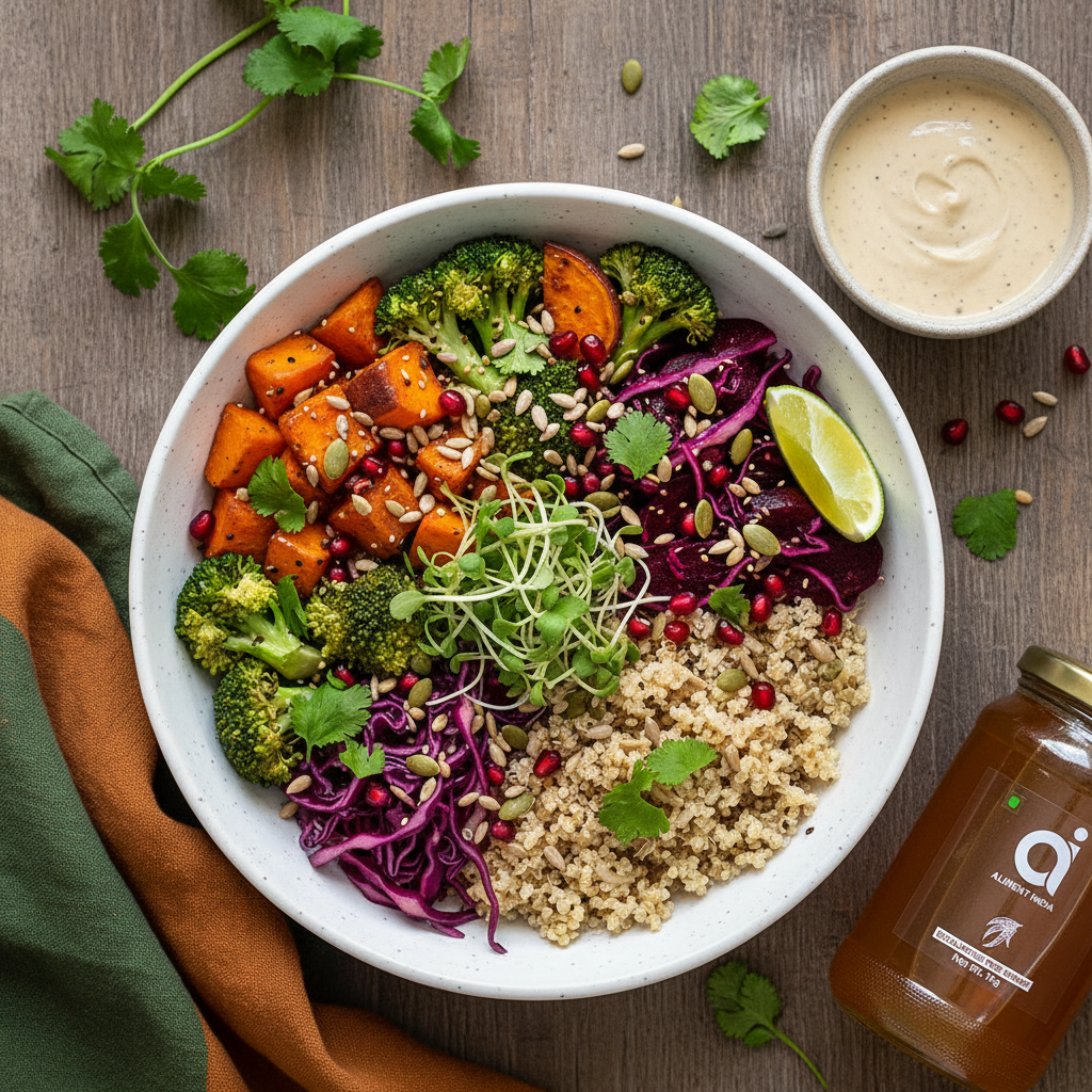 HONEY-GLAZED QUINOA BOWL WITH ROASTED VEGETABLES