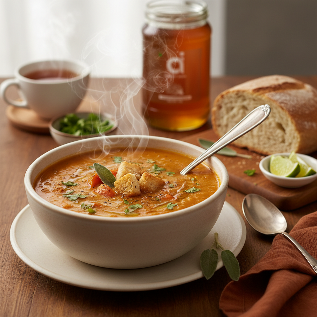 HONEY LENTIL SOUP WITH ROASTED VEGETABLES